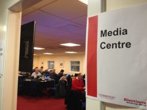 Das Media Center in der Schottischen Wahlnacht.